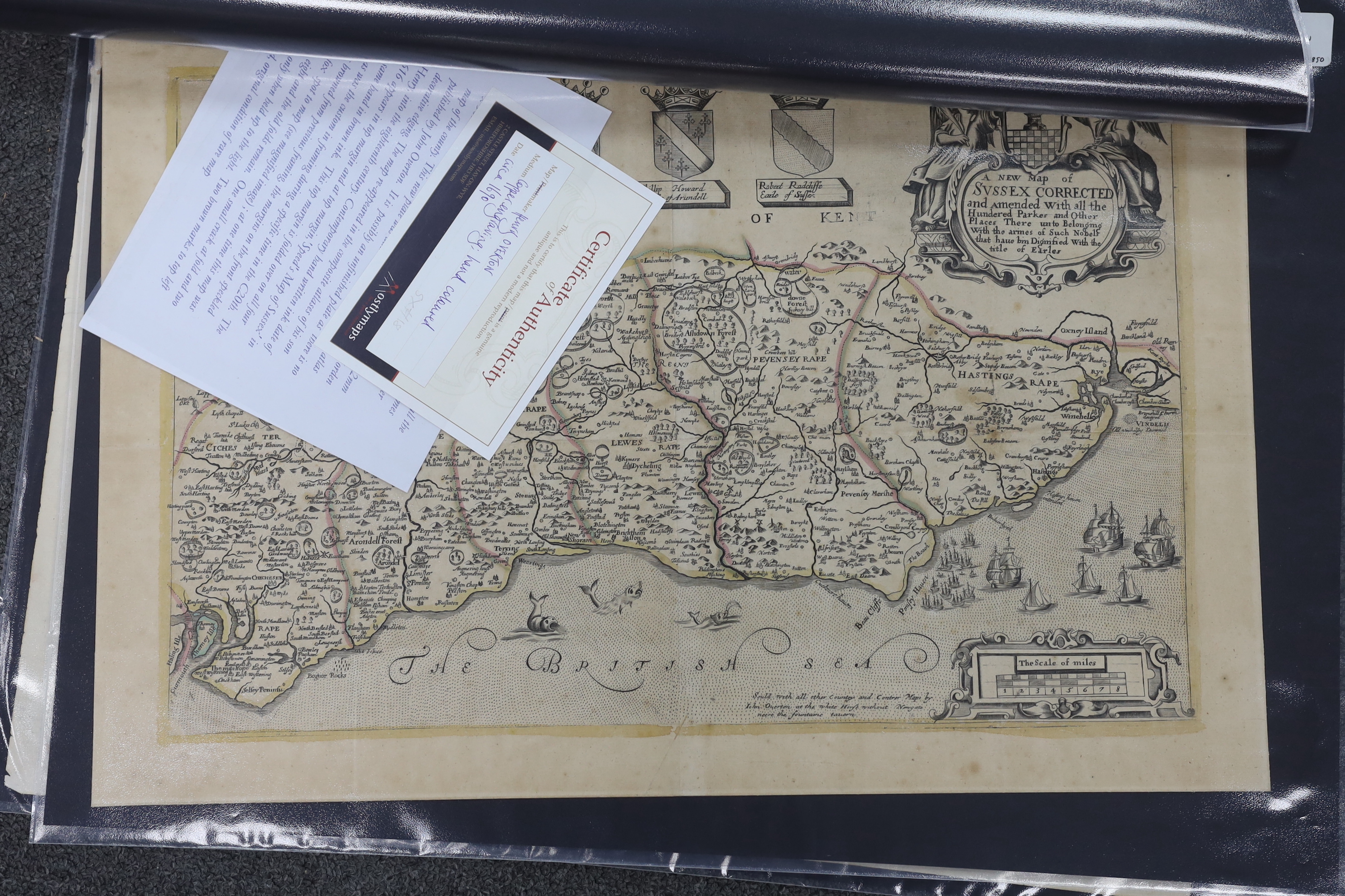Three unframed 17th century maps of Sussex; a Norden and Kip map, 25 x 41cm, a John Speed, 41 x 54cm and a John Overton, 37 x 54cm